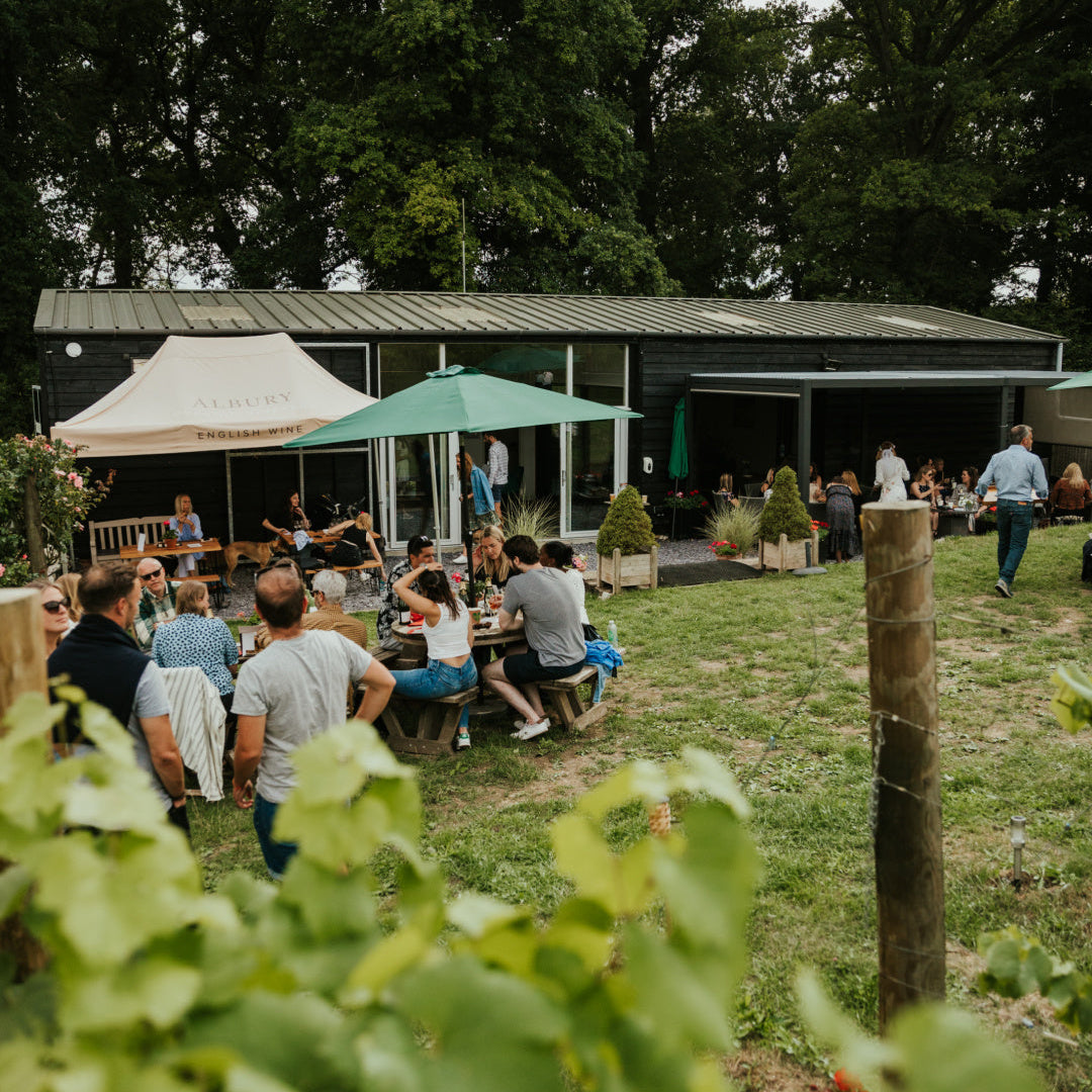 Outdoor gathering with people seated at tables under umbrellas in a garden setting.